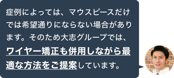 症例によっては、マウスピースだけでは希望通りにならない場合があります。そのため大志グループでは、ワイヤー矯正も併用しながら最適な方法をご提案しています。